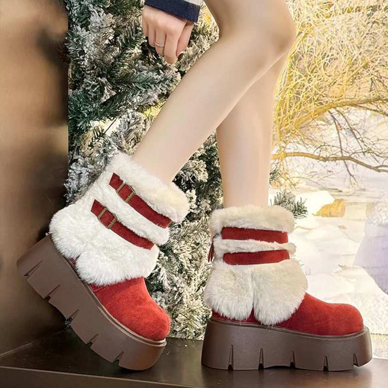 إمرأة الشتاء أحذية الثلوج في الهواء الطلق الفاخرة فروي أفخم فراء الأحذية موضة حزام السحابة الجلد المدبوغ أحذية منصة الأحذية النسائية مبطن