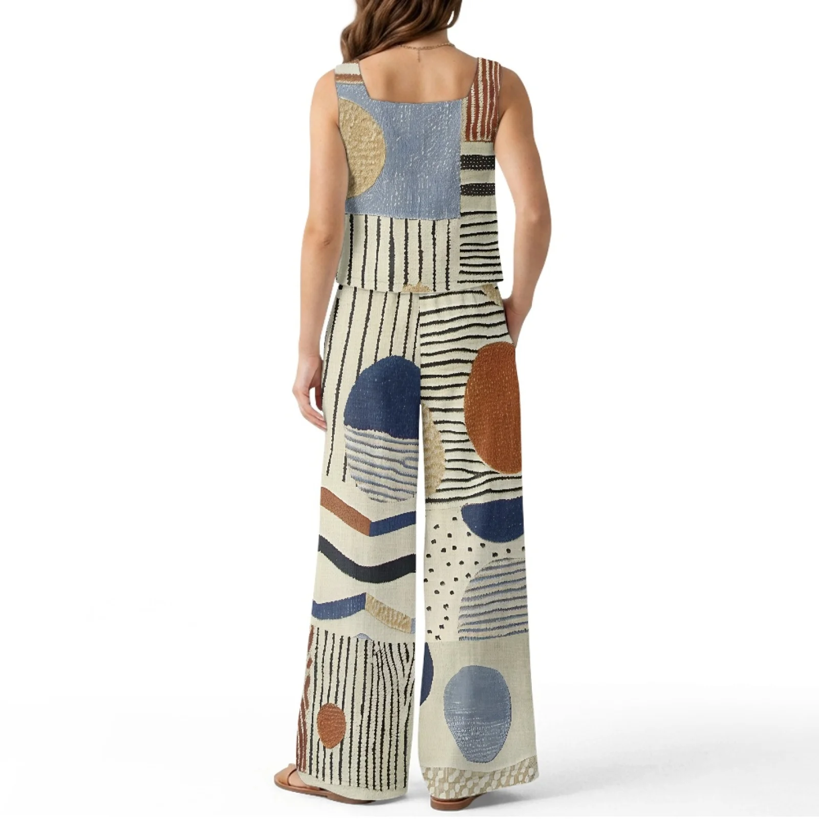 INSTANTARTS Women’s Linen Vest Set Women’s Wide-leg Trousers Lightweight Breathable Soft Comfortable Quick-dry Outfit Abstract