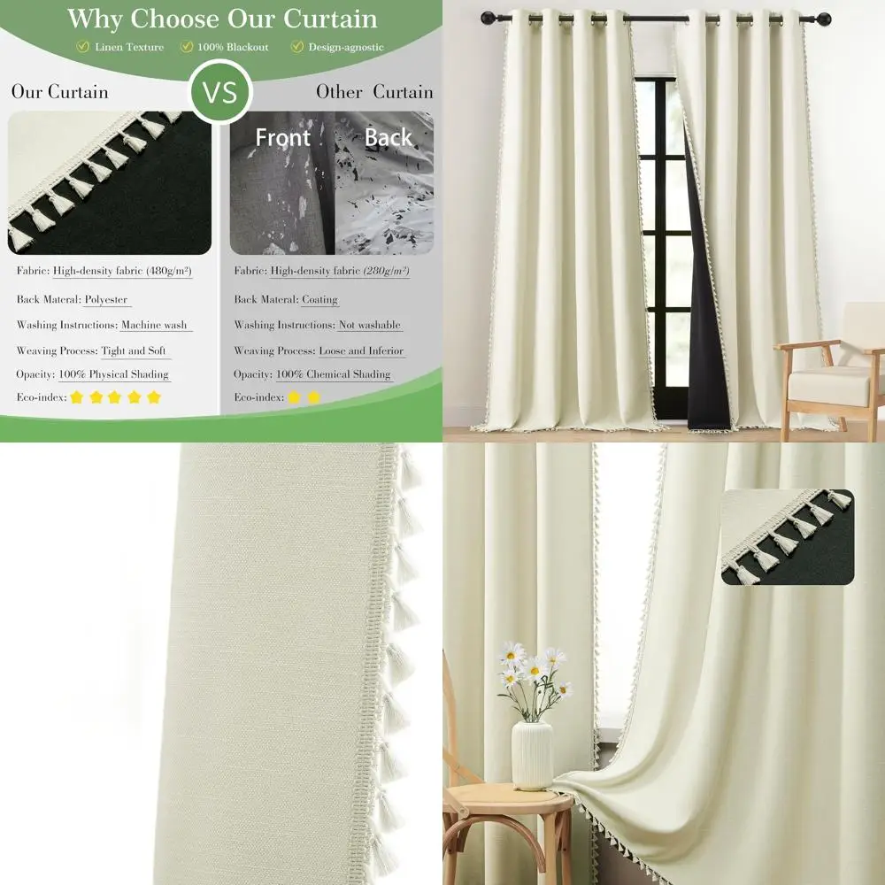 

Термоизолирующие шторы из льняной ткани светло-бежевого цвета в богемном стиле, длиной 90 дюймов, с люверсами и кистями, для гостиной и спальни