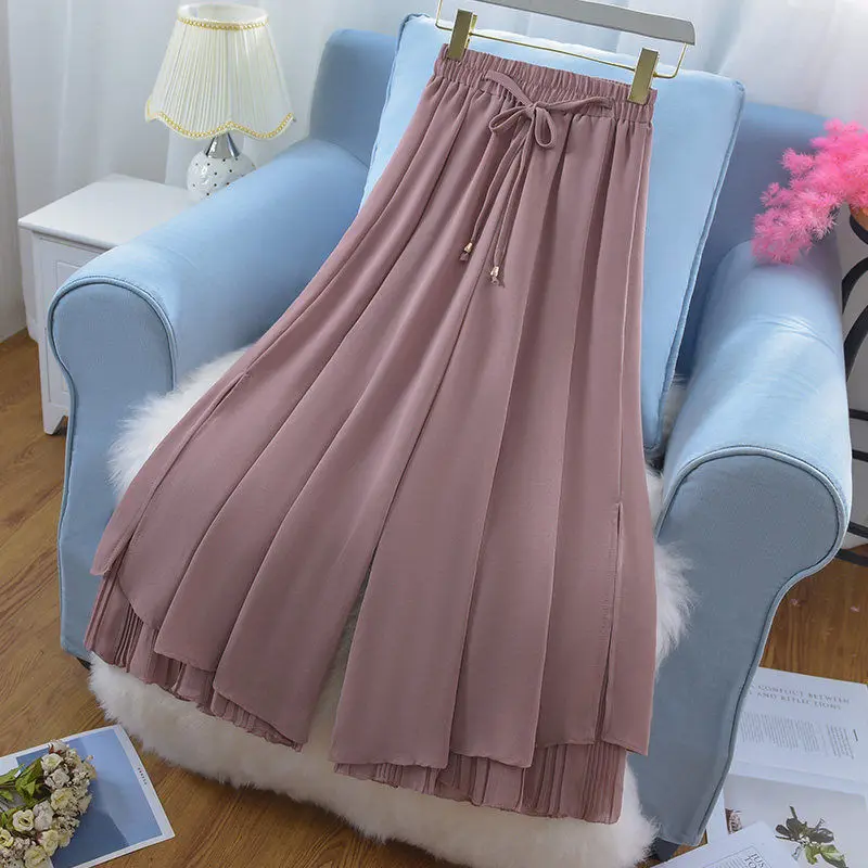 Fashion All-match Female Solid Elastic High Waist Pants Commute Korean Folds Casual Chiffon Drawstring Cropped Pants for Women