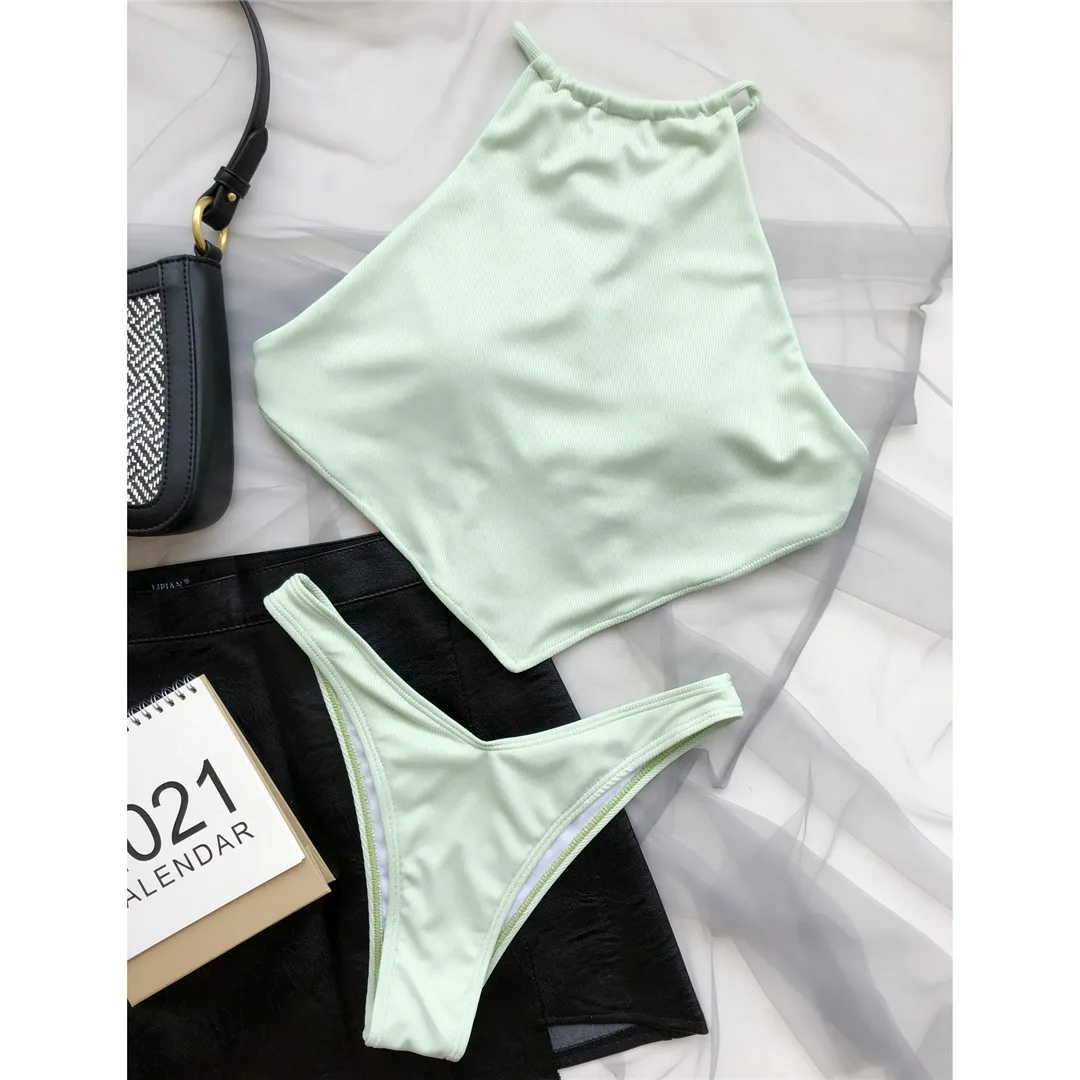 Hochgeschlossener Bikini mit überkreuztem Rücken und hohem Beinausschnitt, gerippt, Damen-Badeanzug, zweiteiliges Bikini-Set, Badebekleidung, Badeanzug, Modell V2878 – Detail 30