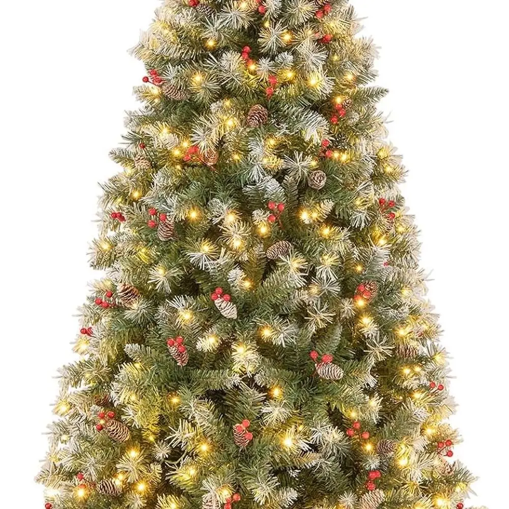 

6.5ft Pre-Lit Christmas Tree, Artificial Hinged Xmas Tree with 420 Warm-White LED Lights, 8 Lighting Modes, 909 Branch Tips, Red
