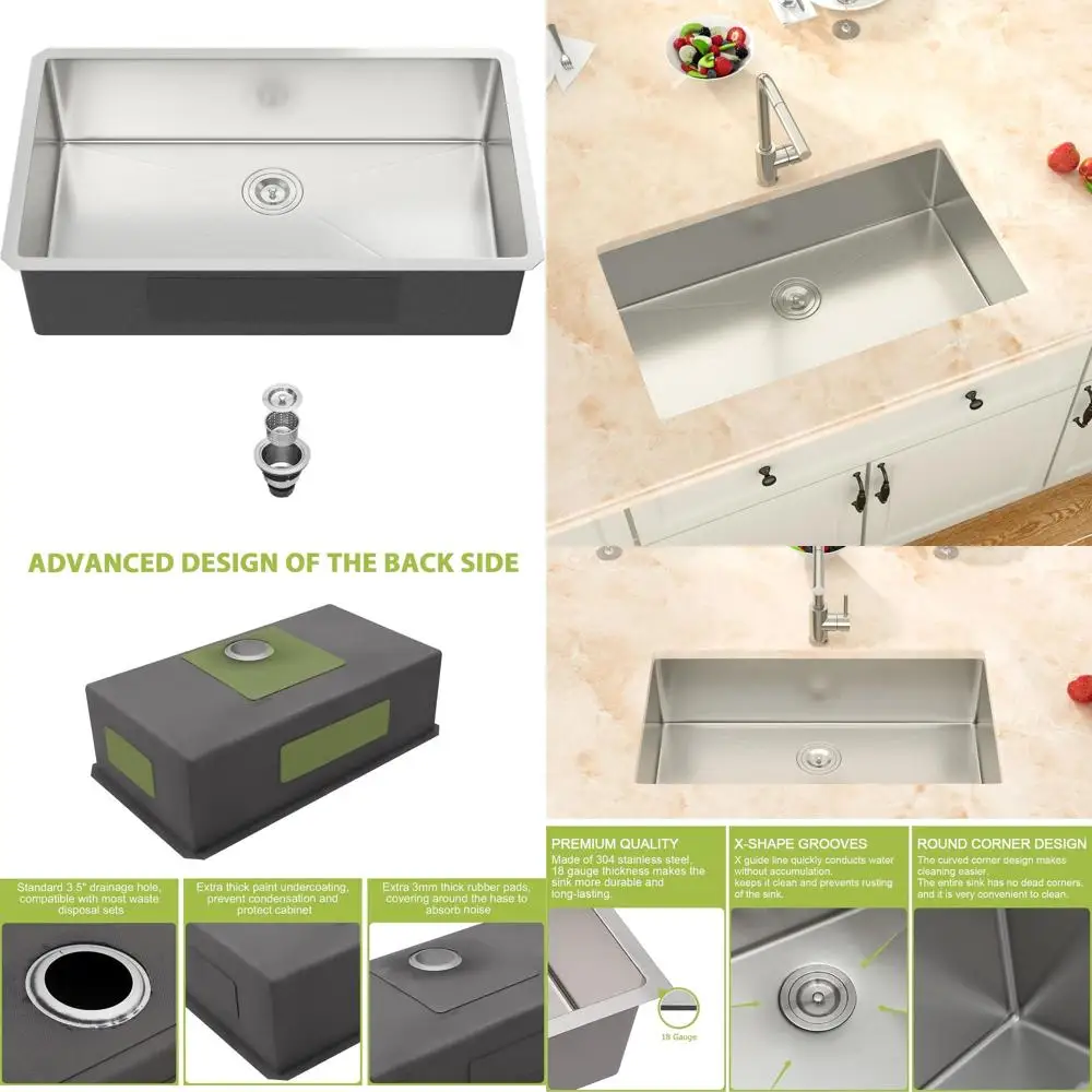 

32 Inch Undermount Single Bowl Stainless Steel Kitchen Sink, 18 Gauge, 9 Deep Basin
