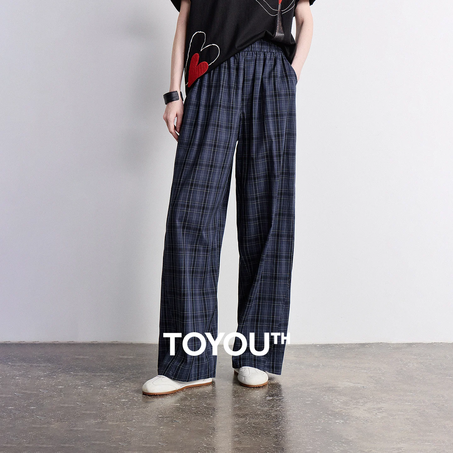 

TOYOUTH Women Casual Pants 2026 Summer New Cotton Lazy Style Plaid Elastic Waist Wide Leg Banana Pants