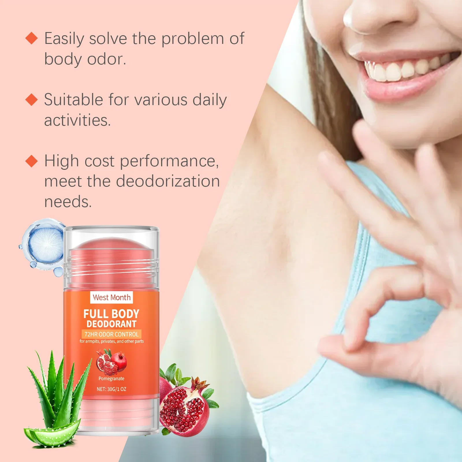 WEST MONTH Granatapfel-Ganzkörper-Deodorant, starke Desodorierungskraft, angenehmer Duft, sanft, hautfreundlich, nicht reizend, 30 g