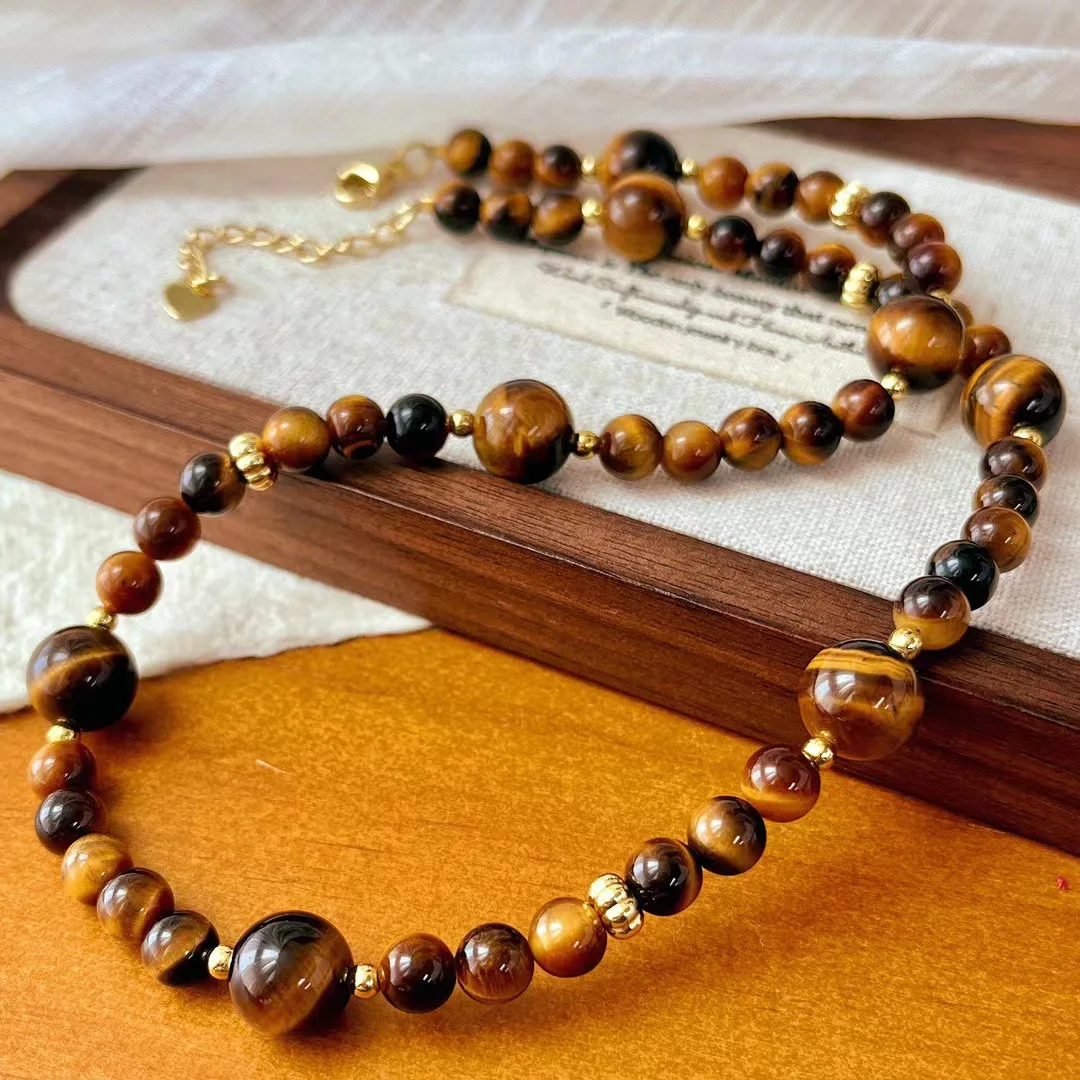 

Vintage Maillard style natural high-quality tiger's eye stone gypsy collarbone chain atmosphere niche necklace