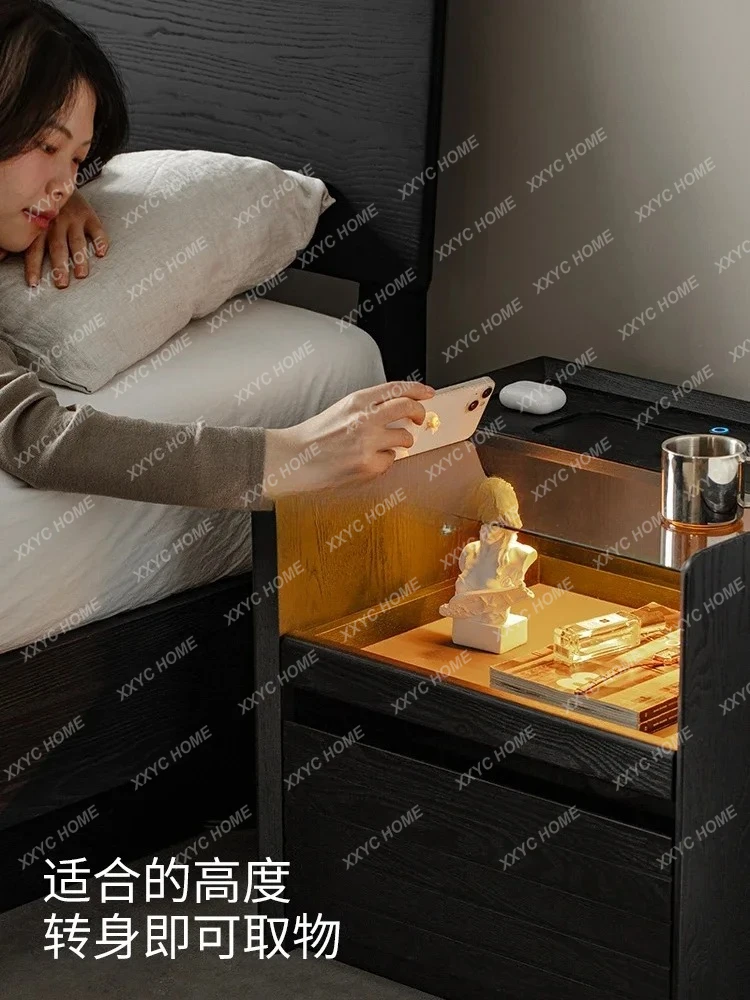 ss CSmart bedside table Wireless charging Home bedroom Bedside solid wood locker Black cabinet with light