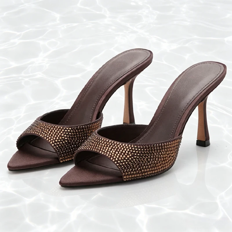 

Brown Silk Crystal Detail Mule Sandals Women Luxury Brand Designer Shoes Sexy Open-toe Pointed-toe Slide Sandal Zapatos De Mujer