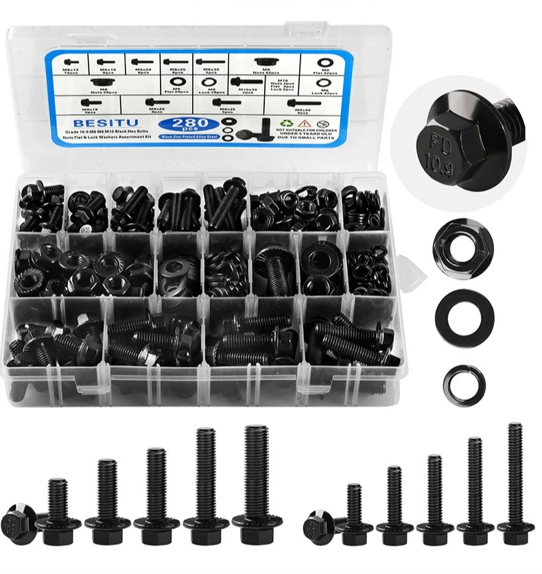 280pcs 10.9 Grade High Tensile Flange Hex Bolts Nuts Flat & Spring Washers Assortment Kit Box Set