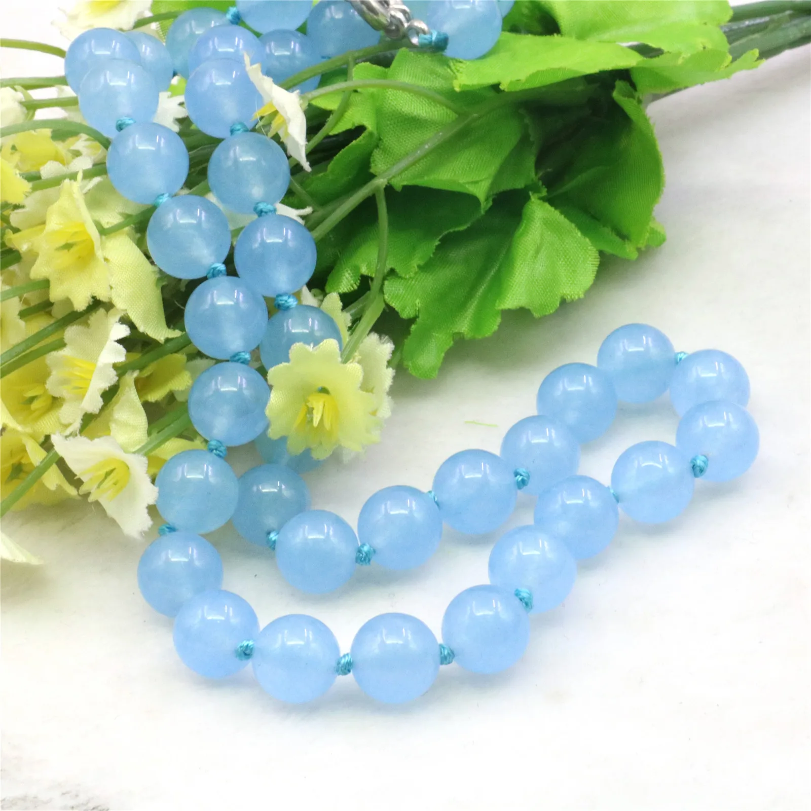 10mm Natural Blue Chalcedony Round Bead Stone Necklace,Smooth and Translucent Necklace,Jewelry Sets Gift for Women,