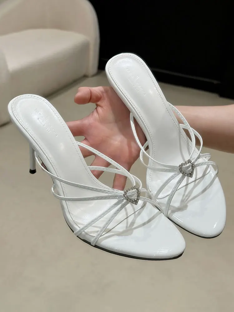 

Open Toe Heart Crystal Women Slippers Summer Lady Shoes Slingback Solid Fine Heel Sandals Zapatos Mujer
