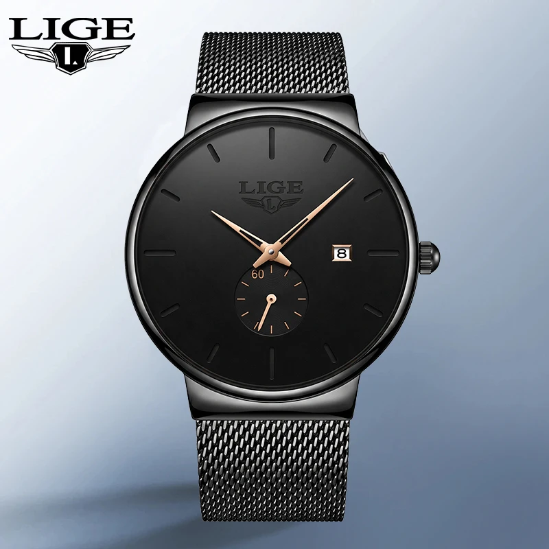 New Fashion LIGE Retro Luxury Man Watch Simple Dial Casual Sports Steel Mesh Clock Waterproof Auto Date Quartz Watches Male Gift