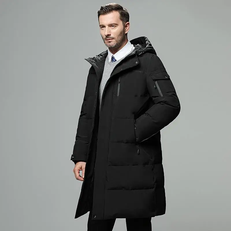 Mid-length Down Jacket Men Winter New White Duck Down Warm Luxury Brand Down Coat Hooded Windproof Windbreaker Snow Zip Pockets