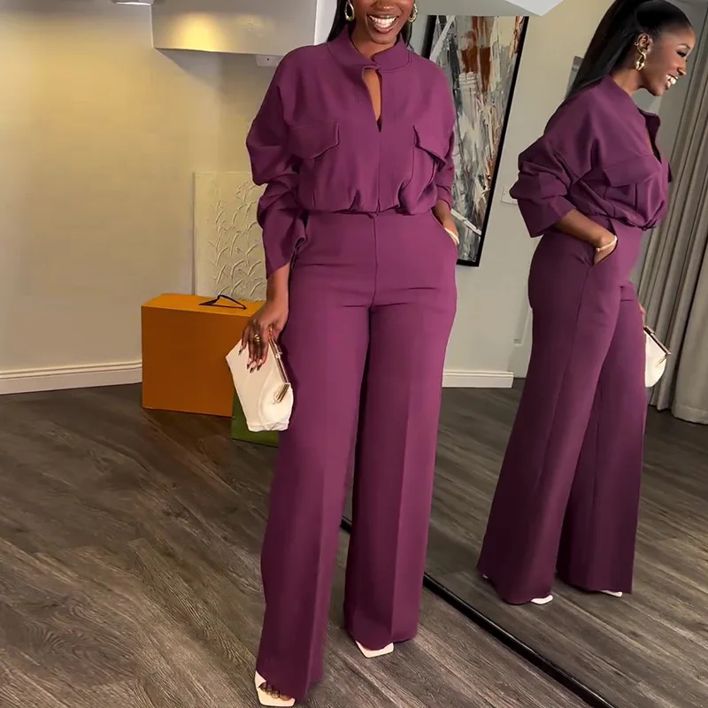 Eleganti set da due pezzi da donna tinta unita manica lunga sexy scollo a V camicetta ampia pantaloni abito femminile primavera casual streety office outfit