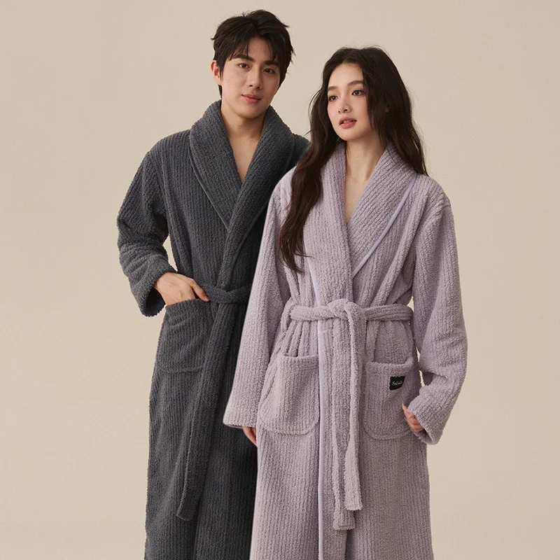 ثوب نوم طويل من الصوف المرجاني للزوجين للخريف والشتاء، لون سادة بسيط، شعور راقي، مناسب للارتداء المنزلي في الخارج في واي #2