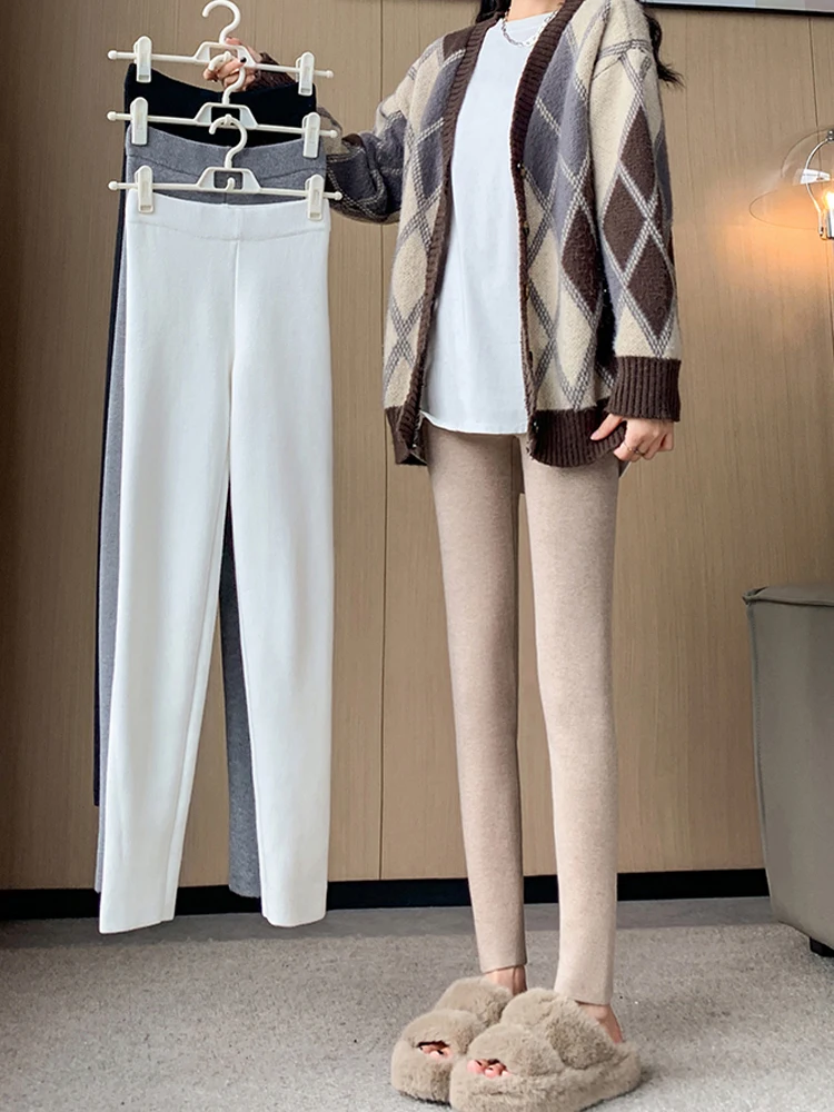 

Knitted Women Pants Fall Winter 2025 Winter Korean Fashion High Waist Wool Sweatpants Casual Slim Loose Trousers