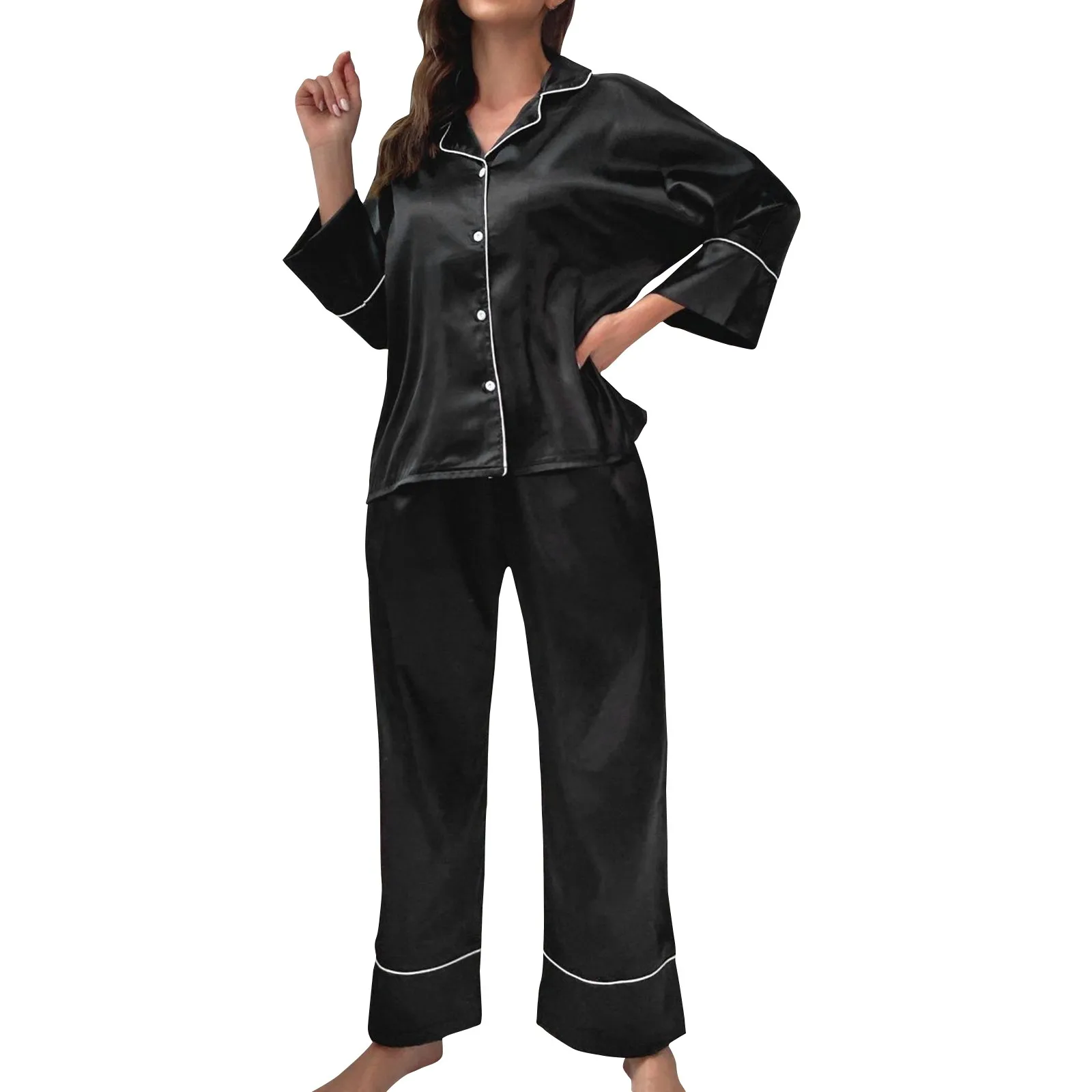 طقم بيجامات حرير مقلدة للنساء ، أكمام طويلة ، بلوزات بأزرار طية صدر ، بنطال فضفاض مستقيم ، ملابس منزلية يومية ، الربيع والخريف