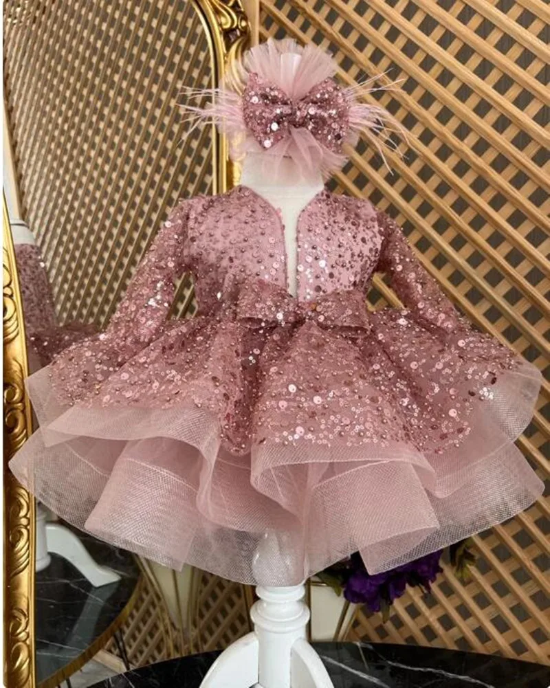 

Pink Sequined Baby Girl Dress Girl Tutu Dress Long Sleeves Puffy Organza Tulle Princess Toddler Party Dress Special Day