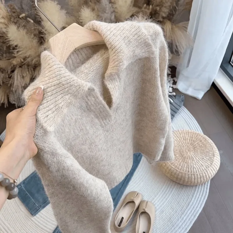 Pullover donna morbido autunno inverno vestibilità ampia stile pigro colletto rovesciato slouchy solido moda coreana classico delicato ed elegante