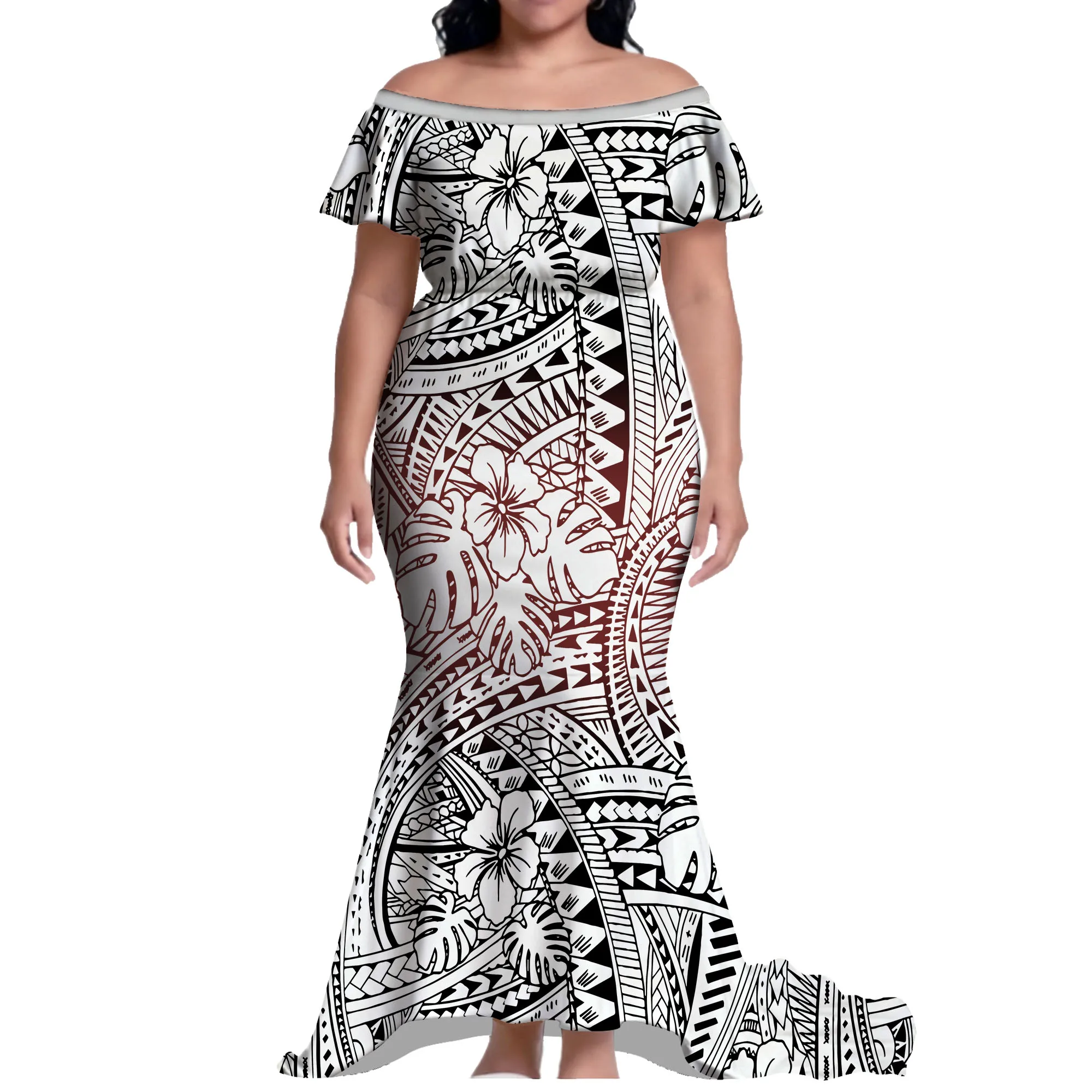 

Off-The-Shoulder Polynesian Short-Sleeved Cinched Waist Floor-Length Dress For Women A High-End Custom Banquet Dress