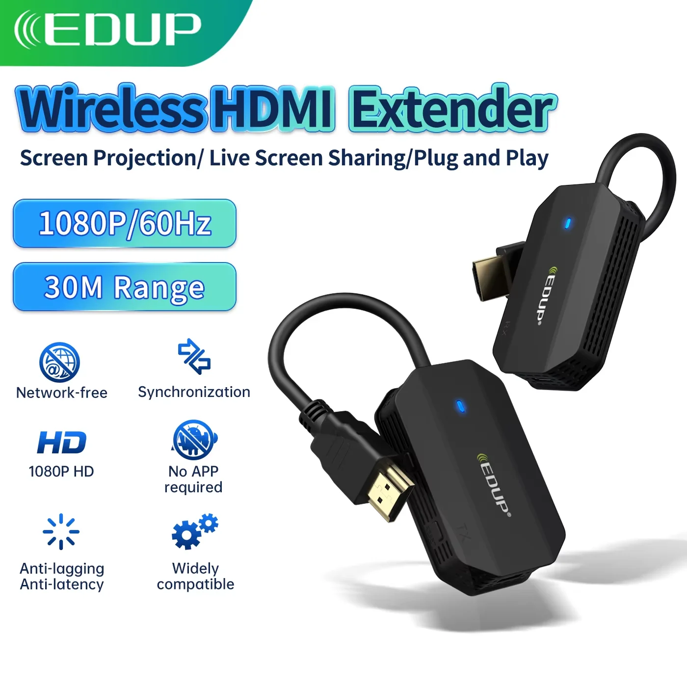 

EDUP WD9905 Wireless HD Extender 1080P HD TV Video Transmitter Screen Sharing 30M Range Network Free Plug&Play Home Theater