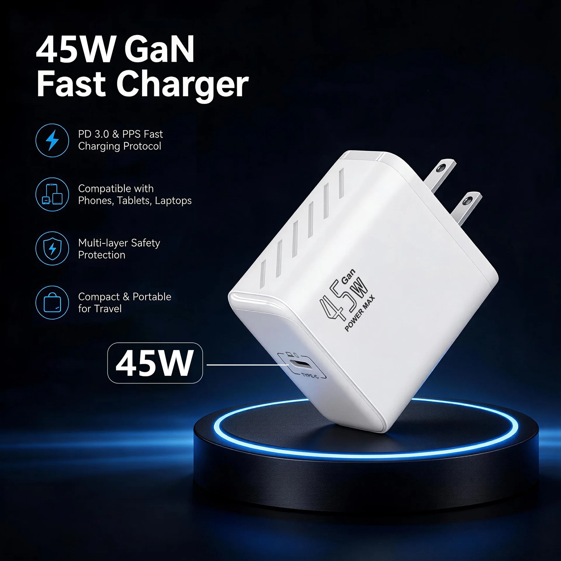 45WGaN Fast Charger PD USBC Wall Adapter for iPhone 18Pro Max Samsung Portable Travel Charging Block High Efficiency Power Brick
