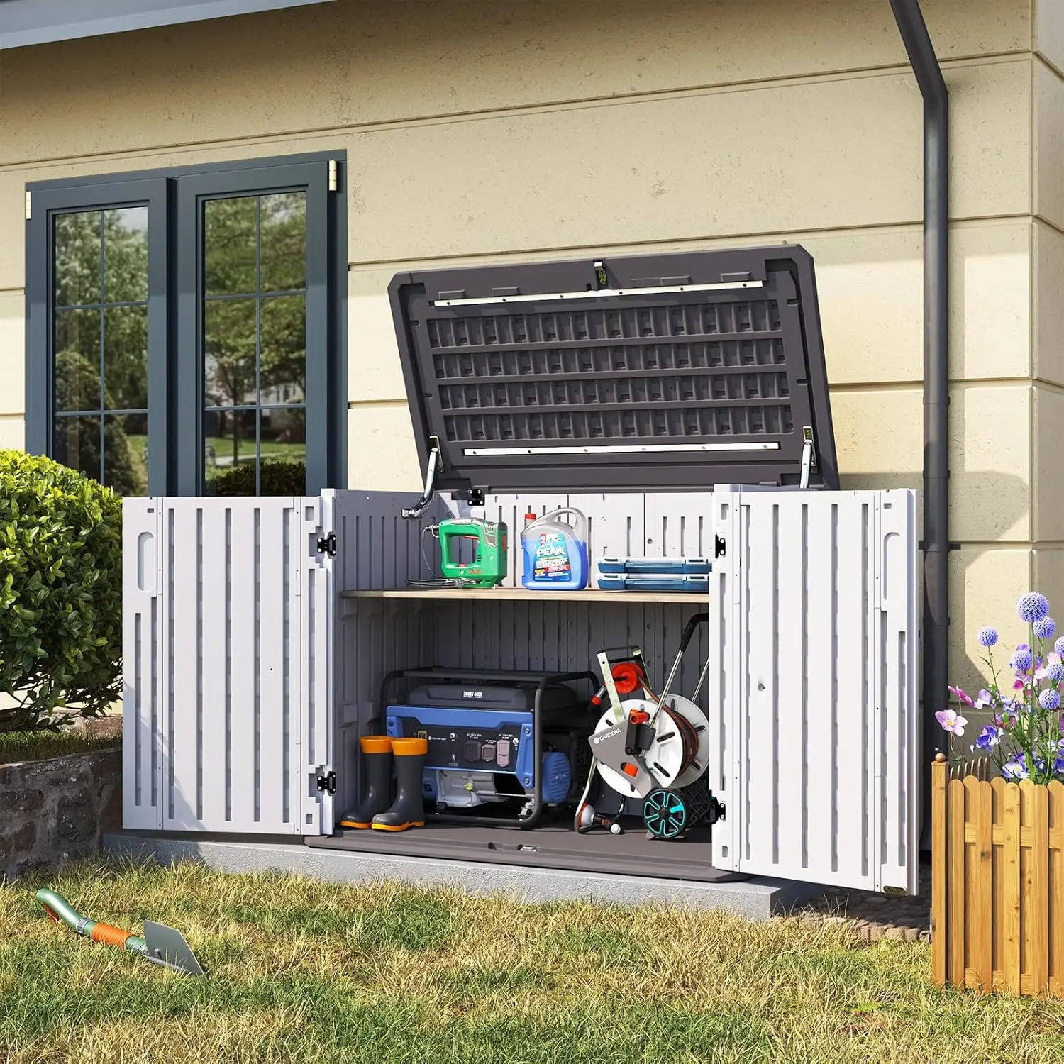 Outdoor Trash Can Storage Shed Waterproof Horizontal Storage Shed Outdoor Storage for Garbage Bin, Generator,  Lawn Mower