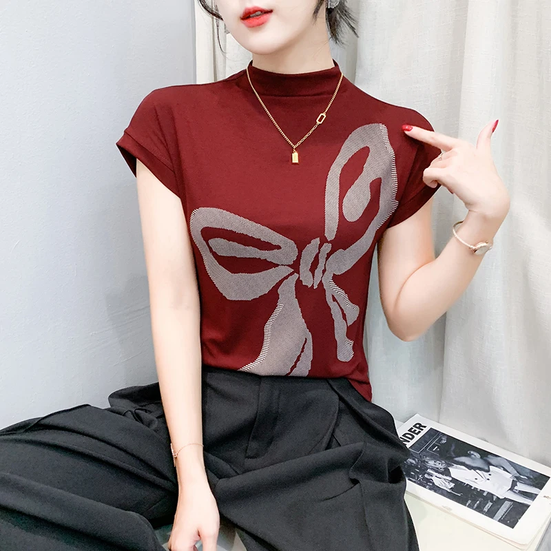 

2025 Fall New Butterfly Print Turtleneck Tops for Women Slim-Fit Short Sleeve T-Shirt, Elegance Base Layer for Fashion Layering