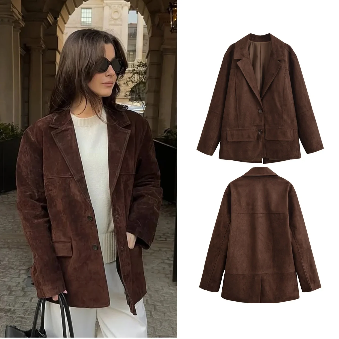 

Women Autumn Vintage Coffee Suede Blazers Jacket Single Breasted Turn-Down Collar Coat With Pocket Casual Ol Outerwear Streerwea
