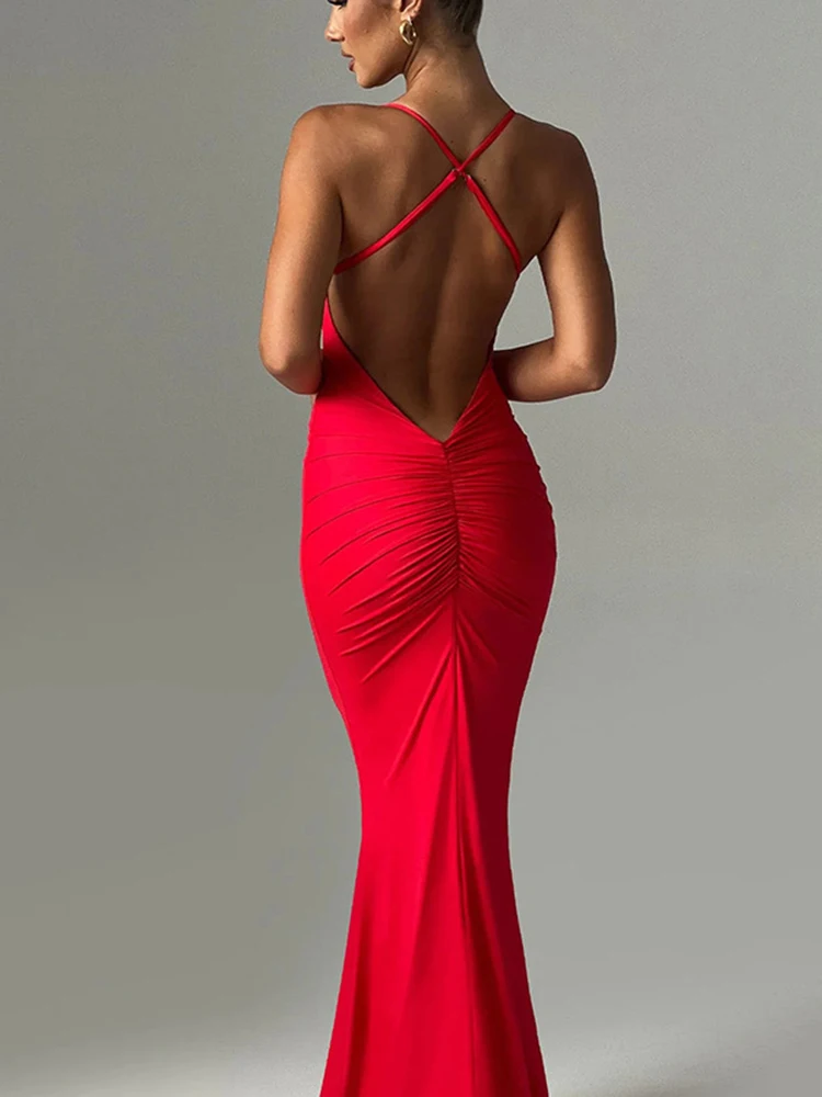 فستان نسائي بدون أكمام بقصة ضيقة مطوي ، مكشوف الظهر ، ضيق ، مناسب ، طويل ، أنيق ، حفلة ، نادي ، مساء ، صيف