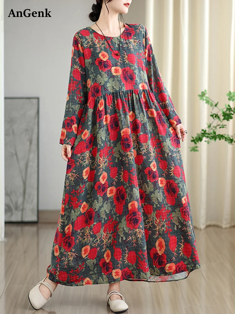 

Хлопковые винтажные длинные платья с длинным рукавом и цветочным принтом для женщин, весна-осень 2022, новое повседневное свободное элегантное платье, женский халат, одежда