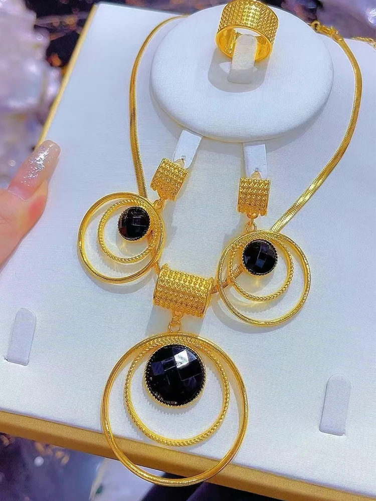 Stainless steel  Exaggerated large round pendant Necklace Earrings Ring Jewelry Set for women Jewelry Fashion Bridal Gifts