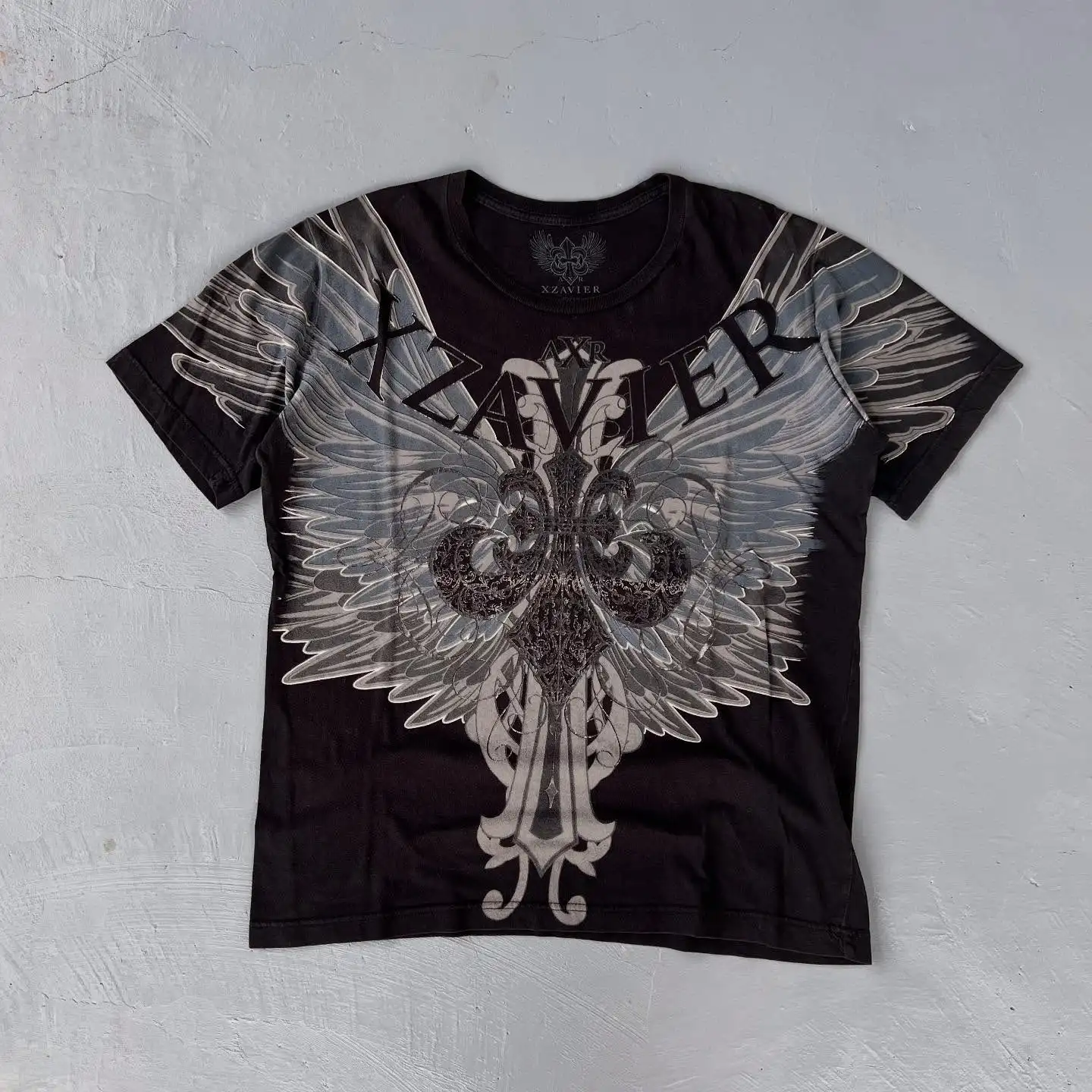 

Xzavier Vintage Black T - Shirt with Angel Wing Cross Graphic Unique Retro Design