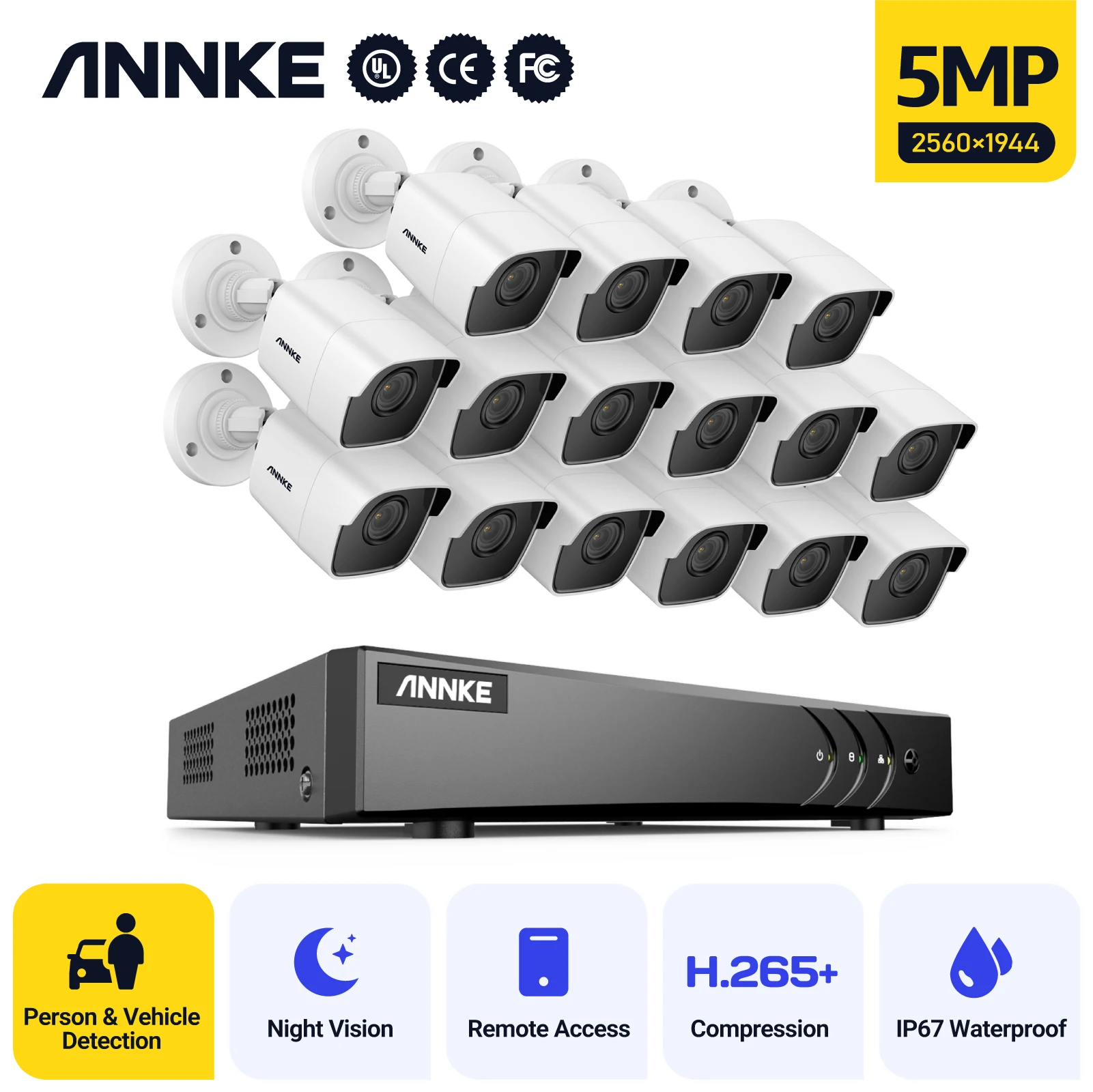 Annke 16ch 5mp Lite Hd Video Beveiligingssysteem 5in 1 H.265 + Dvr Met 16x 5mp Bullet Outdoor Waterdichte Camera Surveillance Cctv Kit