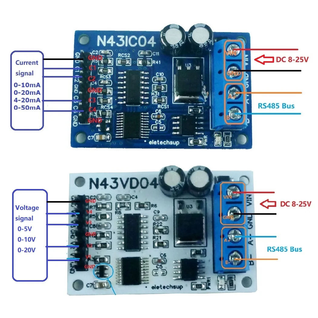 DC 12V DAC 4ch Current/Voltage Analog Acquisition RS485 Modbus RTU ADC Module