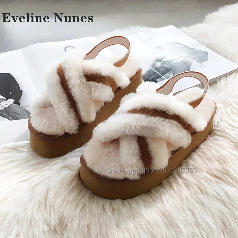 

Fur Elastic Band Women's Sandals Open Toe Height Increasing Shallow Thick Sole Slides Soft Bicolor Comfortable Shoes 2024 Summer