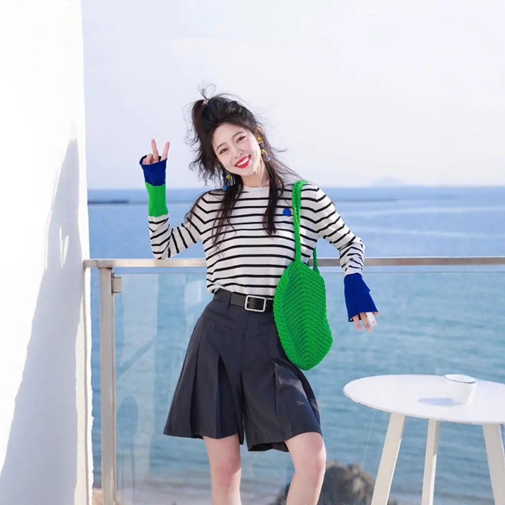 

Classic Casual Striped Long Sleeve T-Shirt Women's Acetate Cotton Base Shirt Spring New Style muted tone color block sleeves