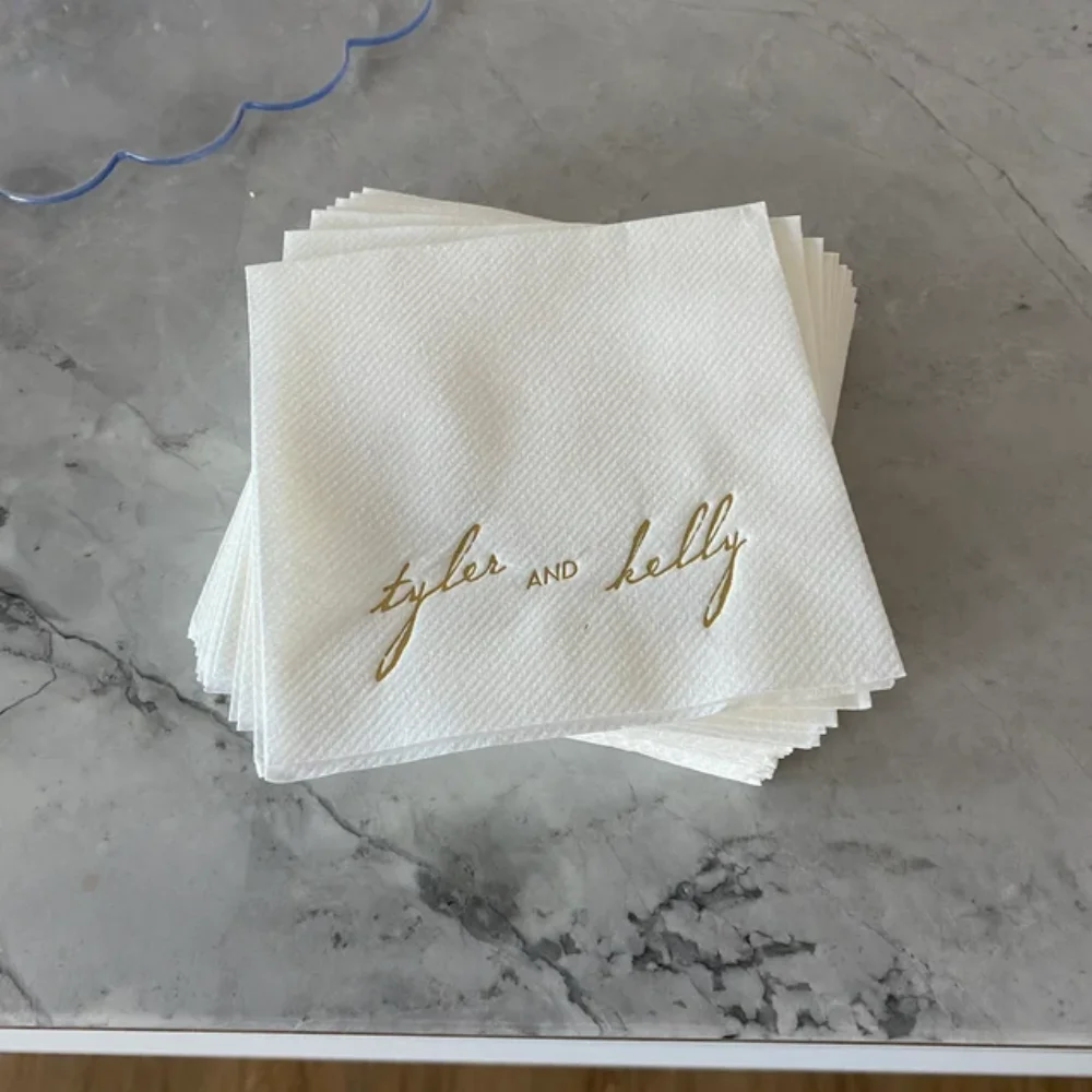 50Pcs Personalized Wedding Cocktail Napkins- Names Vintage Modern Script- Engagement Rehearsal Dinner,Party Beverage Gold Foil