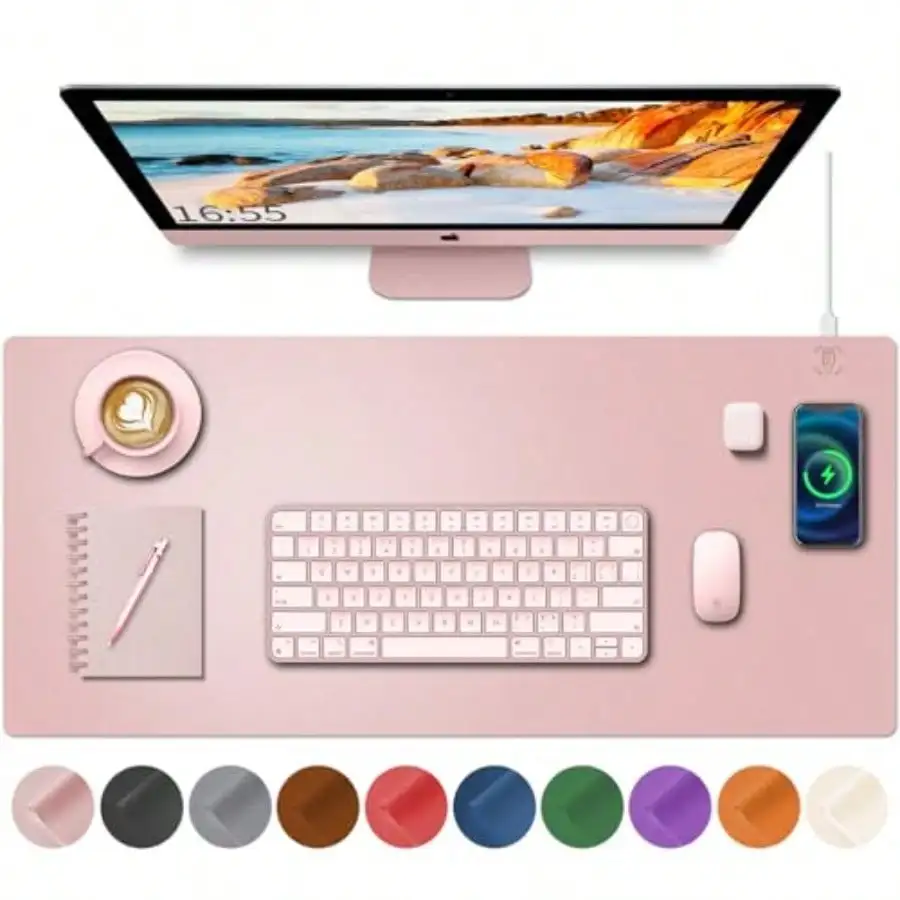 Desk Mat with Wireless Charging Pink Mouse Pad with Wireless Charger Desk Pad Matt for Desktop Mousepad Gaming Large Mouse Pa