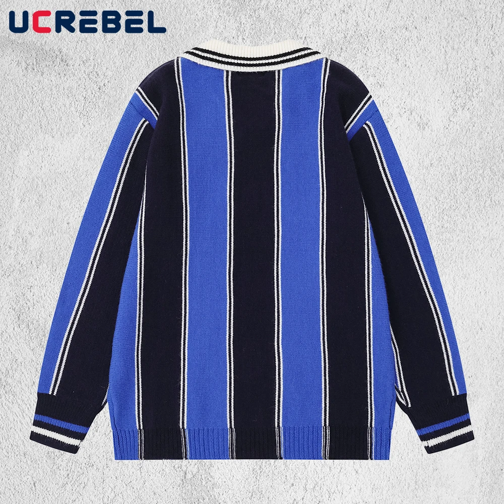 Contrast Striped Sweater Mens Letter Embroidery Autumn Winter High Street Lapel Long Sleeve Knitted Pullover Man