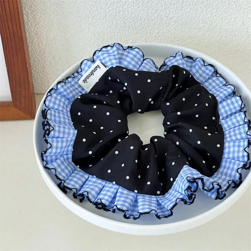 Sweet Polka Dot Blue Checkered Pattern Pleated Hair Scrunchie Women's High Elasticity Hair Tie Fashionable Hair Accessories
