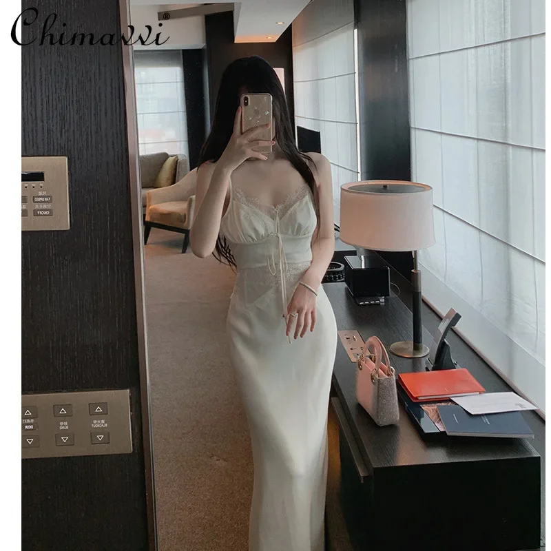 

French Elegant Evening Dress Lace Splicing Sexy V-Neck Sleeveless Backless High Waist Slim Fit White Sling Long Dresses Women