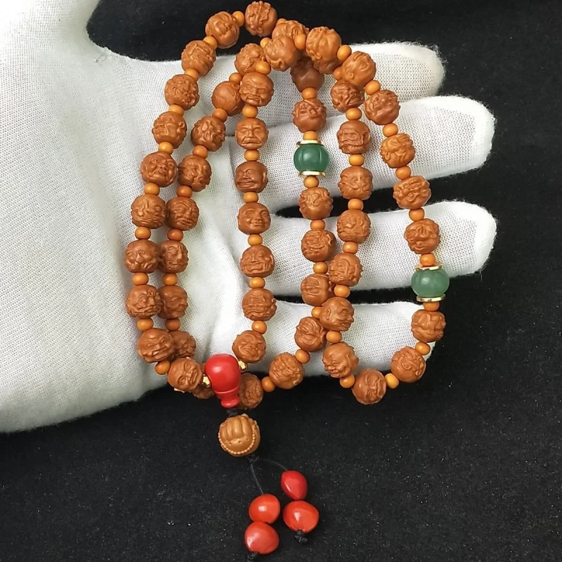 Authentic Lion's Mane Walnut Carved Double-Sided 108 Bead Necklace, Long Chain with 54 Handheld Buddha Beads, Unisex Style