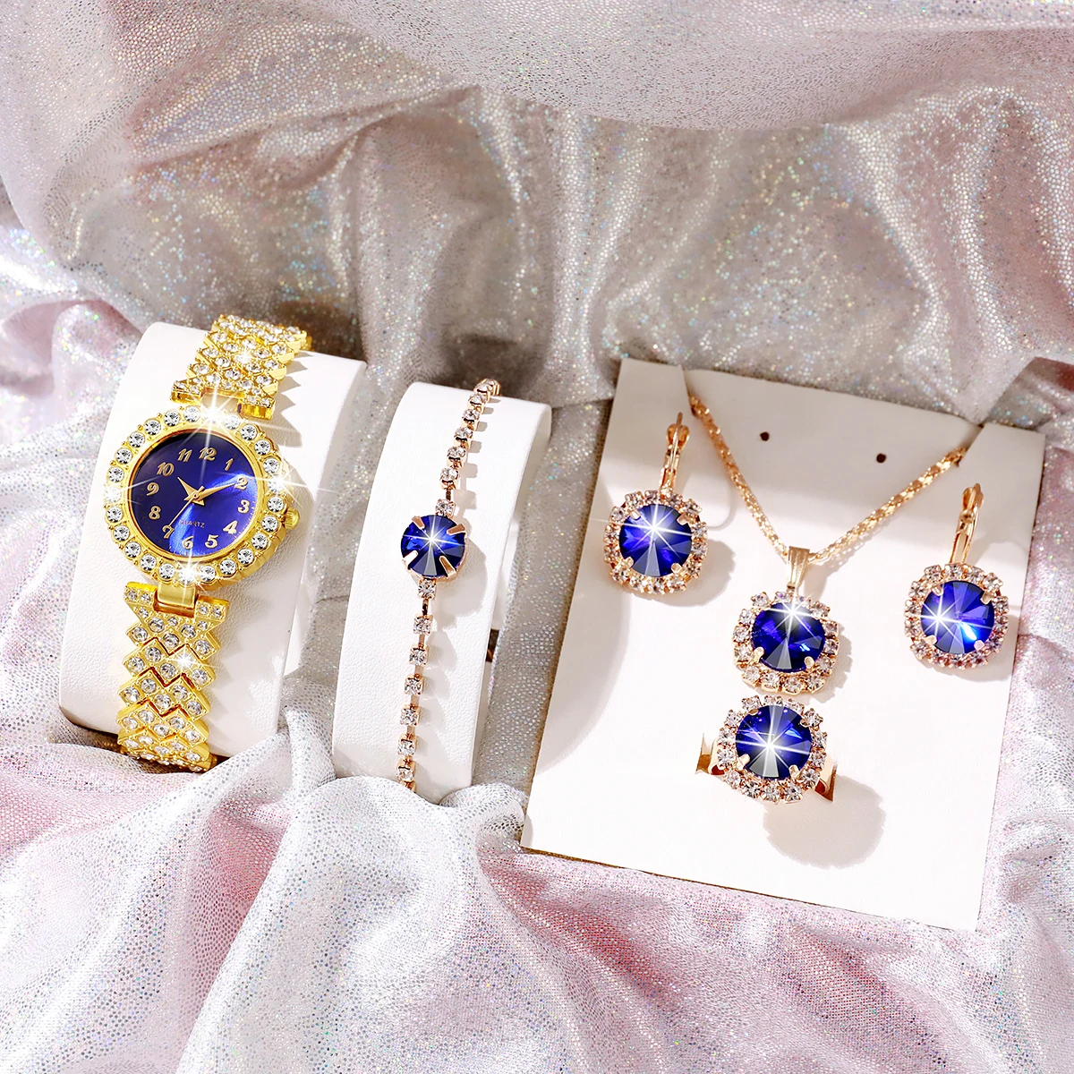 

No gift box New fashion diamond inlaid women's watch small fresh retro simple watch full diamond jewelry 5 pieces set