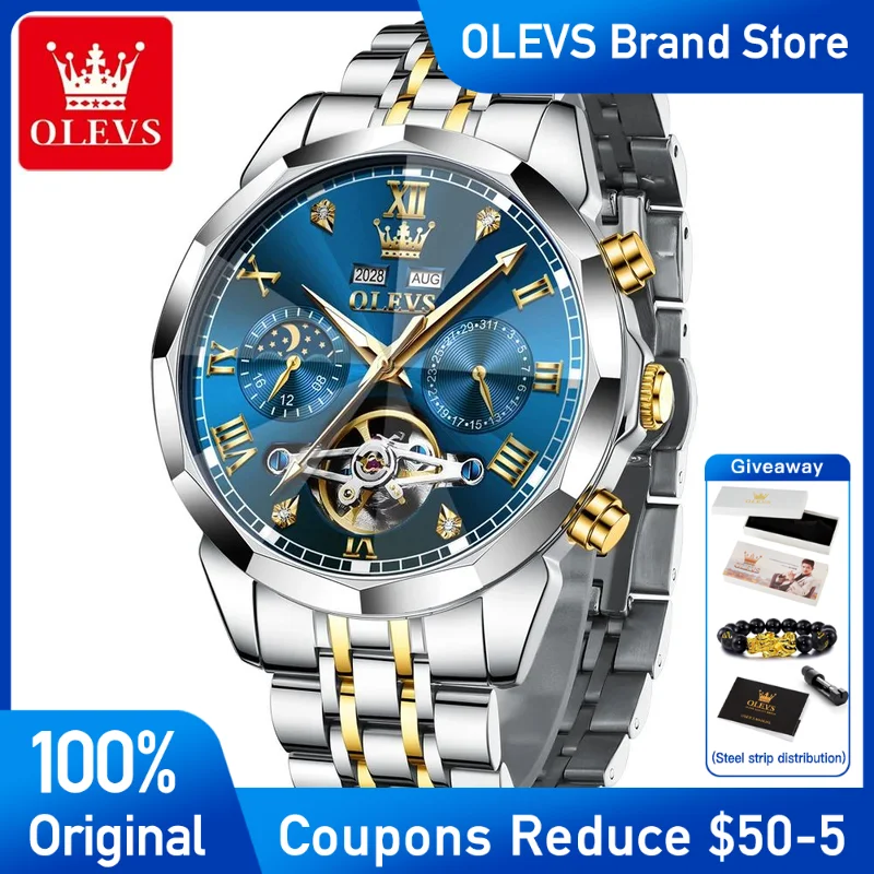 

OLEVS 6620 Mens Watch Original Tourbillon Automatic Mechanical Watch Waterproof Luminous Moon Phase Double calendar brand Watch