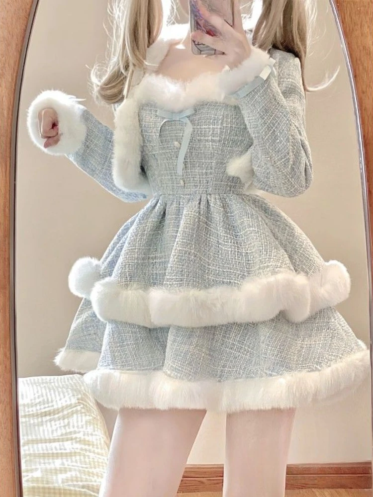 2023 Winter Kawaii Lolita 2 Piece Dress Set Sweet Short Coat Warm + Cute Fashion Y2k Mini Dress Party Japanese Style Suit Woman