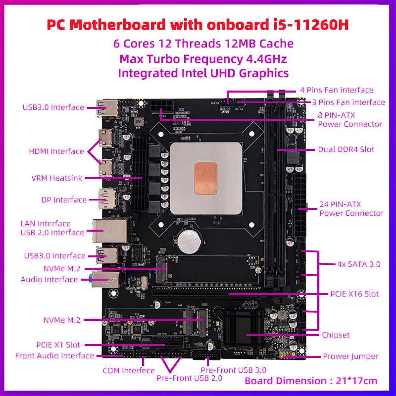 ERYING DIY Gaming PC Desktops Motherboard with Onboard Core CPU Kit i5 11260H 2.6GHz 6C12T DDR4 RAM Computer Office Assembly Set