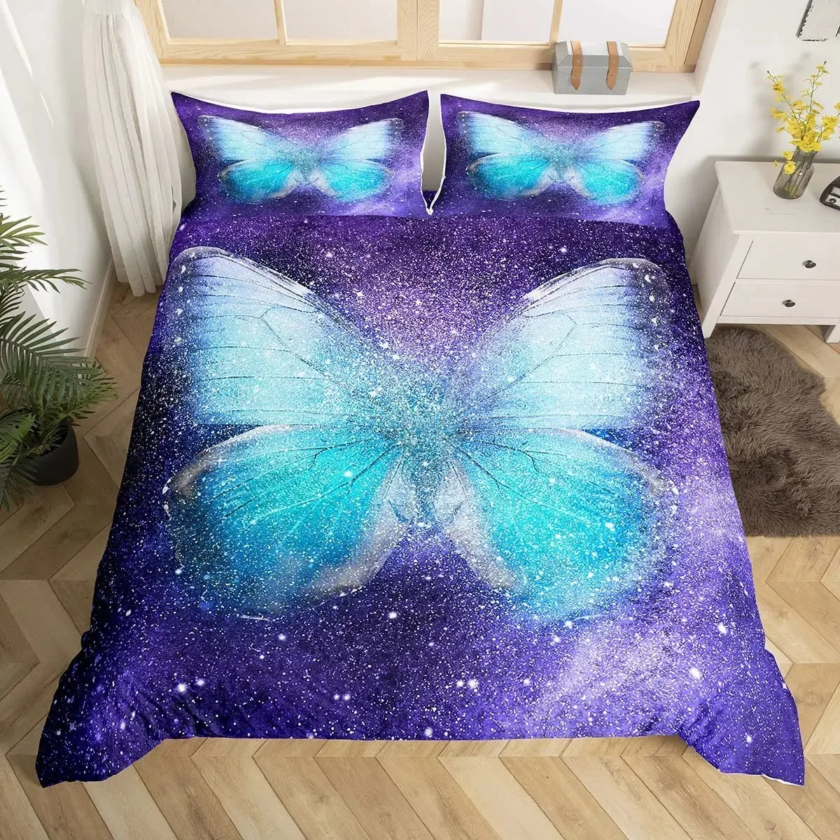 

Blue Butterfly Duvet Cover Set for Girls Purple Galaxy Bedding Set Full Size,Universe Comforter Cover Starry Sky Quilt Cover Set