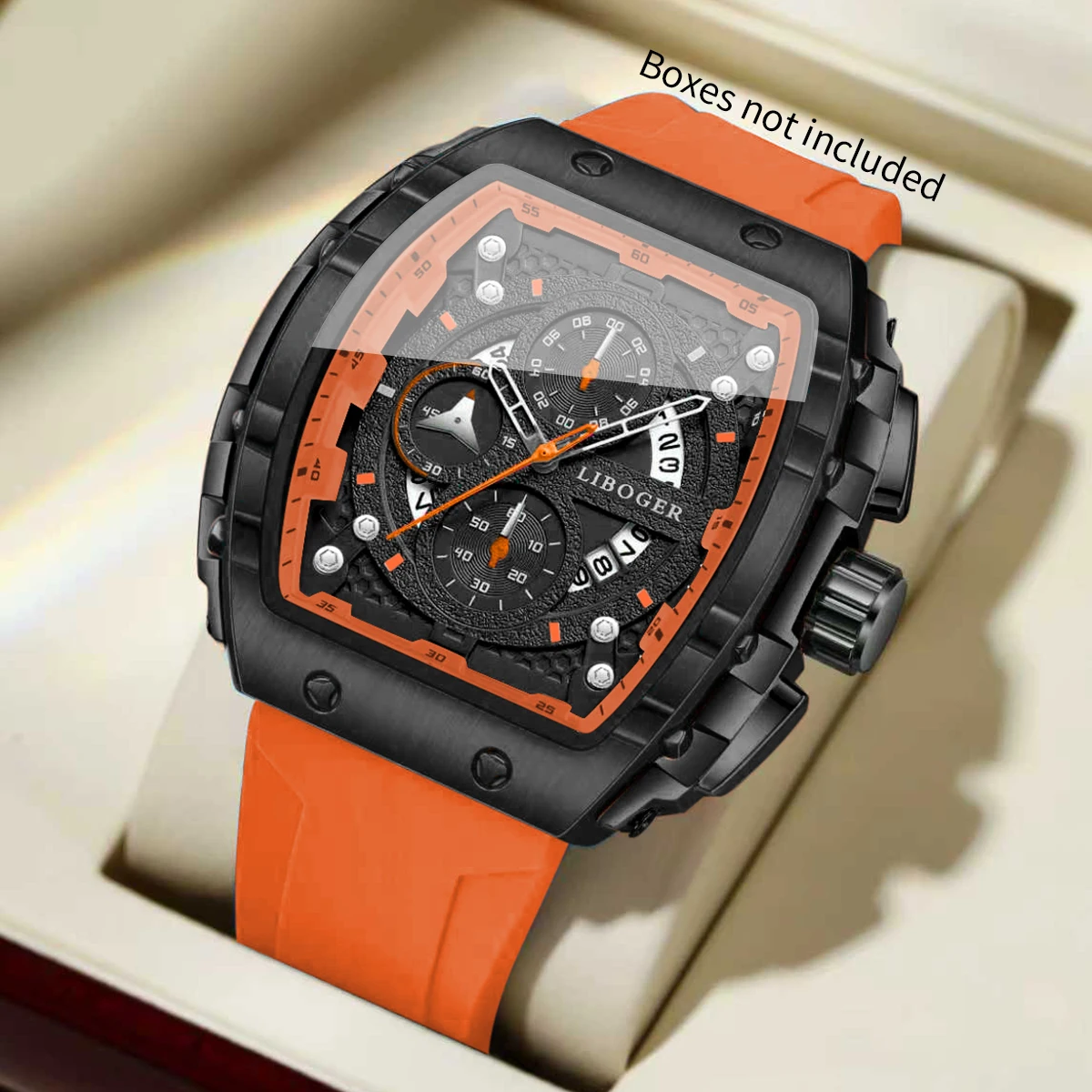 Fashion Tonneau Men Sports Quartz Watch Orange Silicone Strap Large Dial Calendar Wrist Watches Relogio Masculino（Without Box