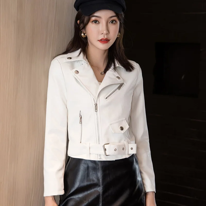 Autumn and Winter Pu Leather Pure Color Short Suit Collar Motorcycle Korean Version Slim Fit Jacket Coat for Women